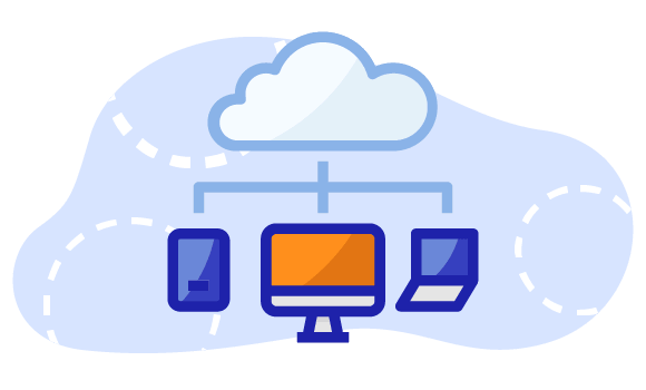 SERVIZIO IN CLOUD Icona con un computer centrale collegato a dispositivi esterni come tablet e portatile, con sopra una nuvoletta che sta per 'cloud'