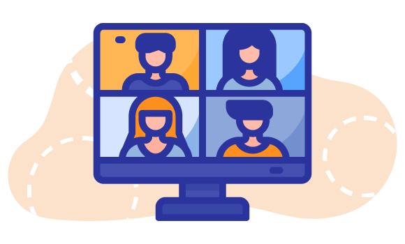 icona di computer desktop suddiviso in 4 porzioni ognuna della quali contenente un persona, simula una videoconferenza