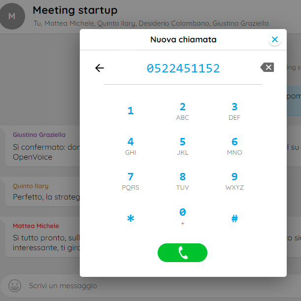 Schermata web app Mastervoice quando si vuole fare una chiamata componendo il numero