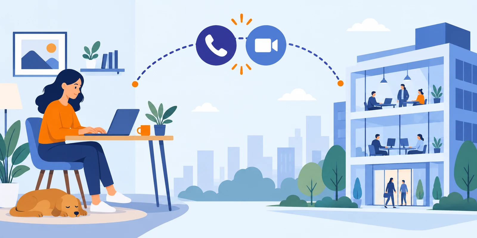 Flat illustration: hybrid work between home and office